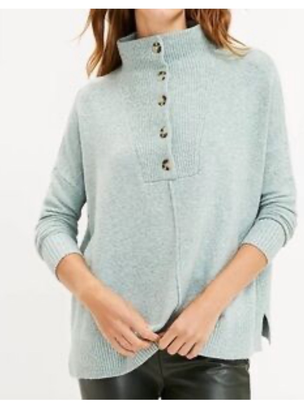 LOFT Button Poncho Sweater Light Green Mint Mock Neck Oversized